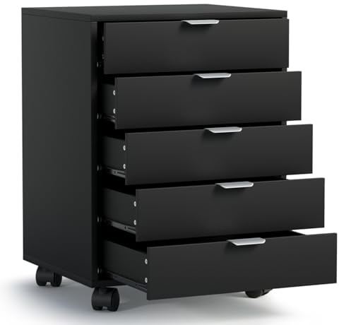 ELUCHANG File Cabinet with 5 Drawers, Mobile File Cabinet, Rolling Office Filing Cabinet on Wheels, Home Office Printer Stand Side Filing Cupboard for A4 Letter Sized Documents, Black