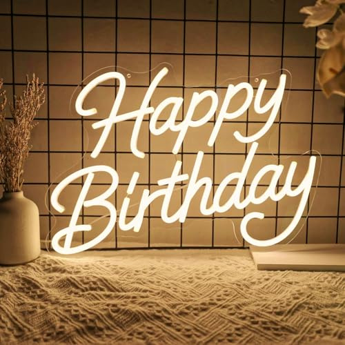 Mvorixa Happy Birthday Neon Sign for Wall Decor, LED Happy Birthday Light Up Sign, Dimmable Birthday Sign for Birthday Party Backdrop, Any Ages Bday Party Decoration, 16.14x11.65