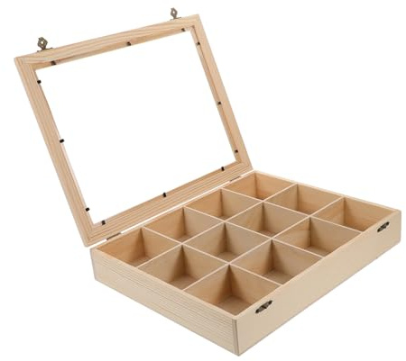DECORNIJIA Holz aufbewahrungsbox mit Fächern und Klarsichtdeckel Multifunktionaler Setzkasten für Mineraliensammlung Stilvoller Organizer zur Rock sammlung und Präsentation