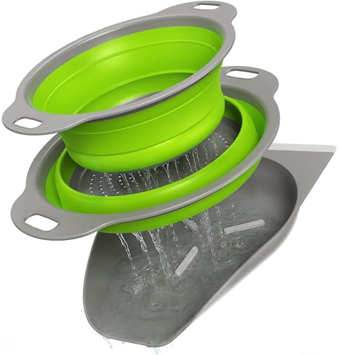 AILUROPODA Self-Draining Base with 2 piece Collapsible Colanders Set | for Pasta, Veggies and Fruits, High-temperature Resistance Space-Saver Green and Gray