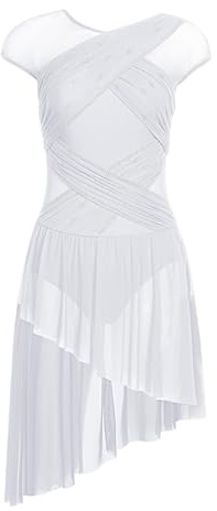 dPois Asymétrique Robe de Danse Classique Femme Adulte Justaucorps Gymnastique Ballet Leotard Robe Danse Lyrique Latine Tango Danseuse Performance A Blanc L