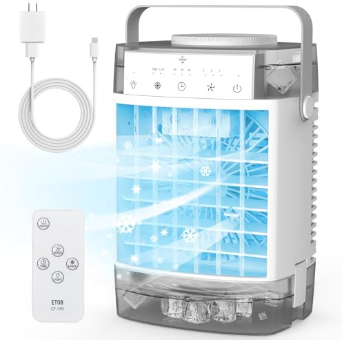 Portable Air Conditioners, Air Cooler Evaporative Personal Mini AC with Remoter, 3 Wind Speed, 2-4-8H Timer, 3 Modes, Colorful Night Light, Portable AC for Room, Car, Bedroom e