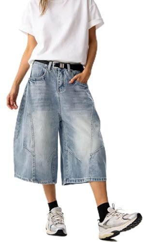 Barrel Leg Jorts for Women Vintage Y2K Style Denim Shorts Casual Loose Fit Baggy Jean Shorts High Waist Capri Pants Barrel Jeans Workwear Cropped Trousers Oversized Hip Hop Streetwear