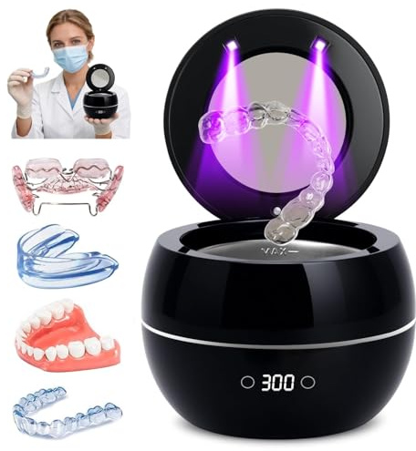 Dental Ultrasonic Retainer Cleaner Machine: 45kHz Dental Cleaning Pod for Denture, Aligner, Mouth Guard, Night Guard, Braces & Jewelry, UV Denture Cleaner with Digital Timer & Dual Mode 250ML Black