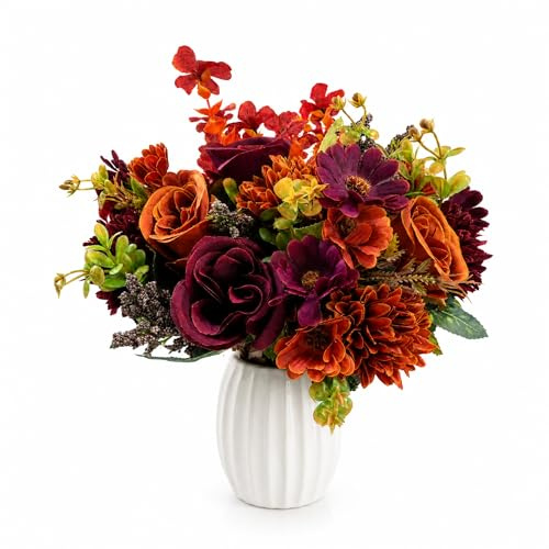 Suxyn Autumn Artificial Flowers 3 Bundles, Realistic Faux Flowers with Rose