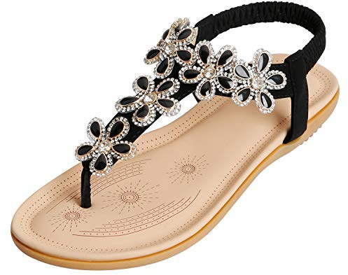CARETOO Damen Sandalen Sommer Flip Flops PU Leder Böhmische Stil Flach Zehentrenner, Schwarz, 38 EU (Herstellergröße: 39)