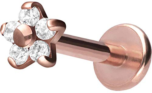 PIERCINGLINE TItan Labret Stecker Innengewinde | BLUME + 5 KRISTALLE | Piercing Ohr Lippe Nase | Farb & Größenauswahl