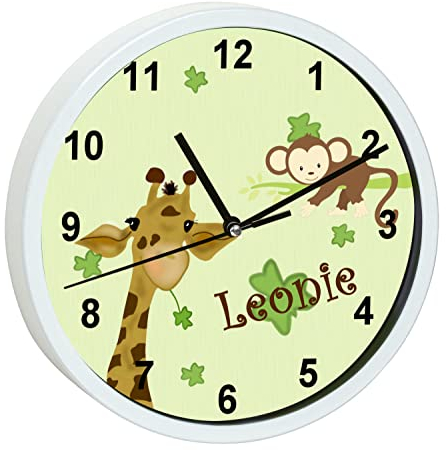 CreaDesign, Wanduhr für Kinderzimmer Giraffe-AFFE, Kinderuhr weiß mit Quarz Uhrwerk, personalisiert mit Name, Durchmesser 19,5 cm