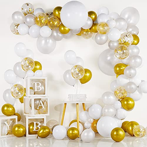BAZADER Palloncini Kit Ghirlanda Arco, 127 Pezzi Palloncini Bianchi Oro argento, Metallo Dorati e Confetti Palloncini per Feste, Compleanno, Anniversario, Matrimonio e Decorazioni