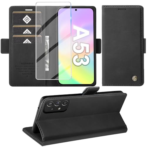 Giyer für Samsung Galaxy A53 5G Hülle mit Schutzfolie, Handyhülle Galaxy A53 5G Standfunktion Kartenfach Wallet Premium Leder Schutzhülle A53 5G Flip Case Cover Stoßfeste Klapphülle (Schwarz)