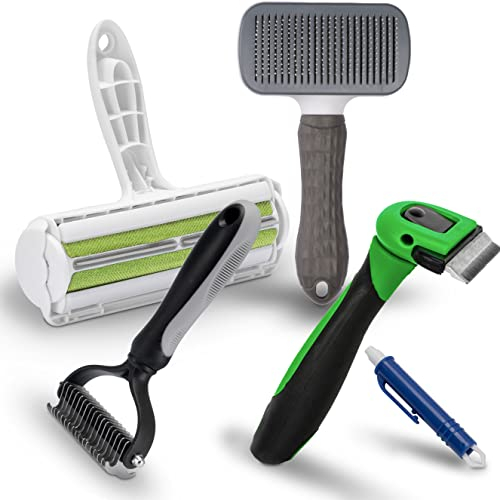 FinoPet 5er Set mit verschiedenen Hundebürste Katzenbürste XL Fusselrolle und Zeckenzange im Aktionsset, Langhaar Kurzhaar Unterwolle Bürsten Tierhaarentferner, Zeckenentfernung Fellwunder