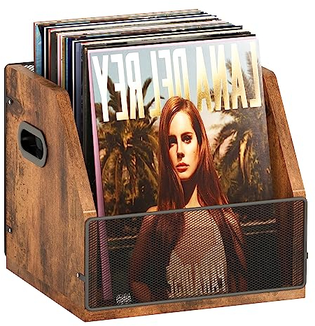 Homeiju Boîte de rangement pour disques vinyles, caisse de bureau en métal et bois, peut contenir jusqu'à 60 disques, brevet n° D1024563