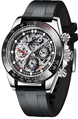 RollsTimi Pagani Design Montre automatique pour homme en acier inoxydable avec strass arc-en-ciel 40 mm, Ruban adhésif QA1653 argenté noir
