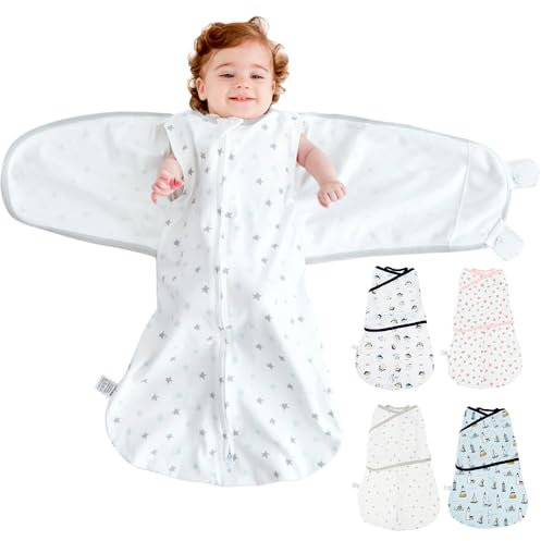 HINATAA Baby Schlafsäcke Neugeborene, Pucksack Baby Baumwolle, 3 Wege Verstellbar Wearable Wickeldecke Baby Swaddle Transition, Baby Pucktücher Jungen Mädchen (Weiß, 4-7 Monate)