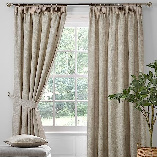 Dreams & Drapes - Natural Blackout Pencil Pleat Curtains W90 x L90 (229 x 229cm) - 2x Tie Backs Included - Heavy Weight - Thermal & Soundproof - Natural for Bedroom & Living Room