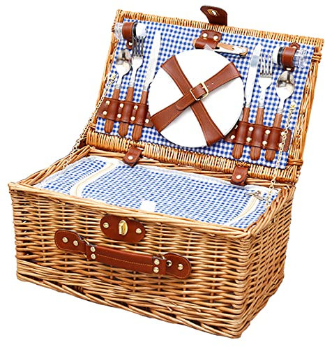 Picknickkorb aus Weidengeflecht für 4 Personen, Weidenkorb mit isoliertem Kühlfach und wasserdichter Decke, Weidenaufbewahrungskorb Service Geschenkset, Picknickkoffer, Picknick-Set Bas