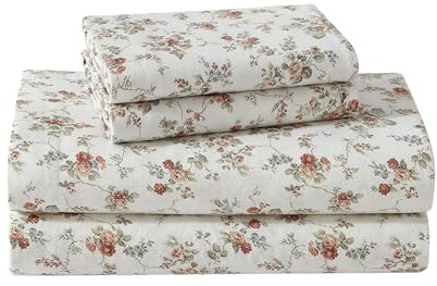 Laura Ashley - King Sheet Set, Cotton Flannel Bedding, Brushed for Extra Softness & Comfort (Le Fleur Orange, King)
