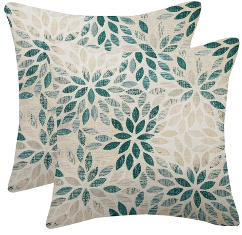 Lot de 2 housses de coussin carrées en lin pour décoration extérieure et extérieur, motif dahlia bleu sarcelle foncé, 45,7 x 45,7 cm, motif géométrique de couleur rouille et fleurs rouillées pour