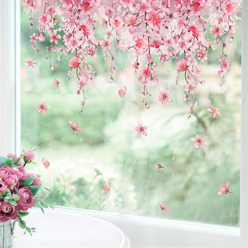 Tanlaby Blume Fensterbilder Rosa Kirschblüte Hängende Blumen Fensteraufkleber Frühling Sommer Fenstersticker Selbsthaftend Statische Wohnzimmer Fenster Glastüren Fensterdeko