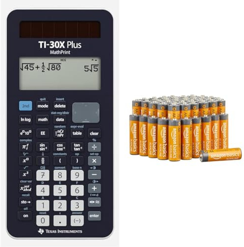 Texas Instruments TI-30X Plus MathPrint Wissenschaftlicher Schulrechner (4-zeilig) & Amazon Basics AA-Alkalibatterien, leistungsstark, 1,5 V, 48 Stück (Aussehen kann variieren)