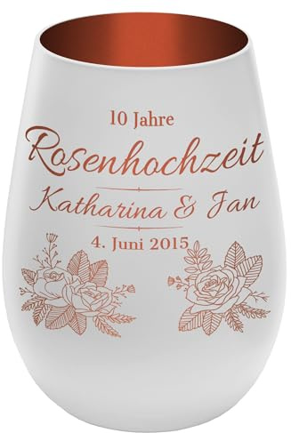 Windlicht mit Gravur ''10 Jahre Rosenhochzeit'' - Weiß/Kupfer - Glas Teelichthalter personalisierbar mit Wunschtext - Geschenk zu Hochzeit Jahrestag Jubiläum