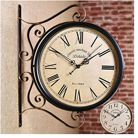 Retro Bahnhofsuhr Vintage doppelseitige Wanduhr, Metall im Freien doppelseitig, for Terrassenporch Garten im Freien Dekorative doppelseitige Hängende Uhr Wanduhr Wall mit Klammer hängen ( Size : E )