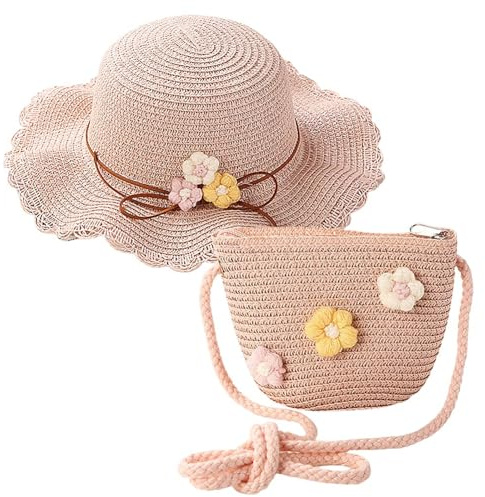 HIMKI Strohhut Tasche Set Kinder Sonnenhut Süßer Sommer Strandhut + Strohtasche für Mädchen Reisehut mit Blumendeko für den Urlaub Reise Outdoor, Kopfumfang: 52-53 cm
