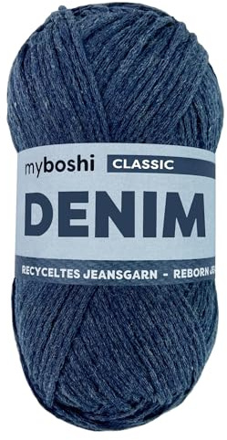 myboshi Denim, veganes Jeansgarn, recycelte Baumwolle zum Häkeln und Stricken, 50% recyceltes Denim, 50% Baumwolle (Bio), 50g, Ll 135m Dunkelblau (Classic), 1 Knäuel
