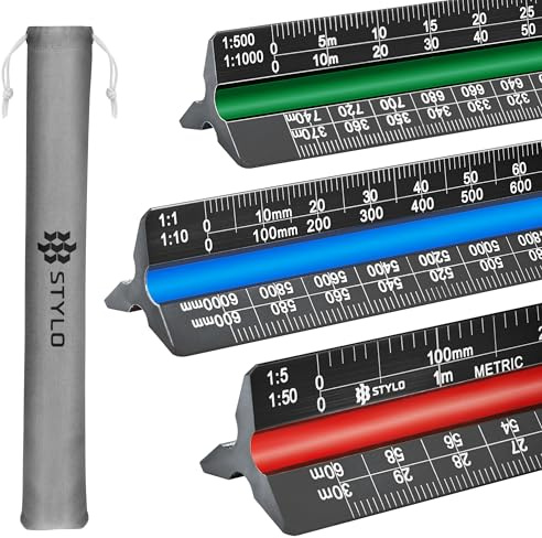 Arkitektvåg i aluminium – 30 cm laseretsad triangel utarbetande linjal med färgkodade spår för ritning, utarbetande – arkitektonisk våg (svart, metriska enheter)