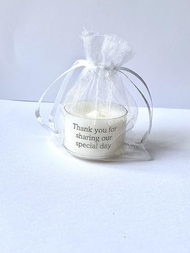 10x Tealight Candle in Organza Bag with 'Thank You for Coming' Message, Wedding/Party Favour (Thank you for sharing our special day)