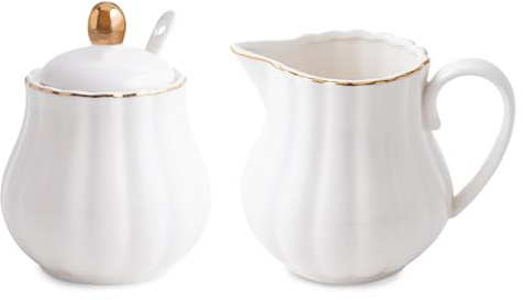 Agyiuns Keramik-Zucker- und Milchkännchen-Set, 3-teilig, mit Sahnekrug, Zuckerdose mit Deckel und Löffel, Kaffee- und Tee-Servierset (Weiß mit Goldlinie)