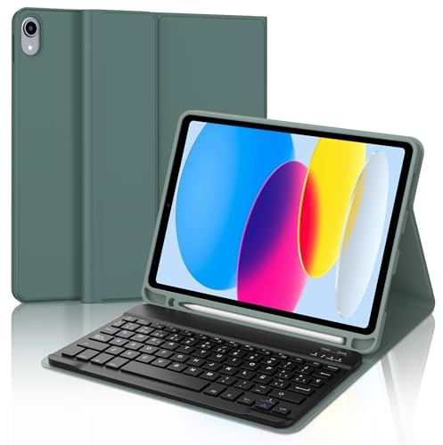 Funda con Teclado para iPad A16 11ª Generación 2025/10ª Generación 2022, Teclado Bluetooth Inalámbrico, Funda Delgada con Ranura para Bolígrafo para iPad 11ª/10ª Gen 10.9/11 Pulgadas, Verde Oscuro