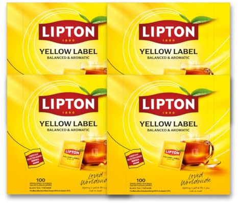 Lipton, Thé Noir Yellow Label, Origine Kenya, Goût Riche et Equilibré, Thé Noir 100% d'Origine Naturelle, Vitalité, 4x100, 400 Sachets