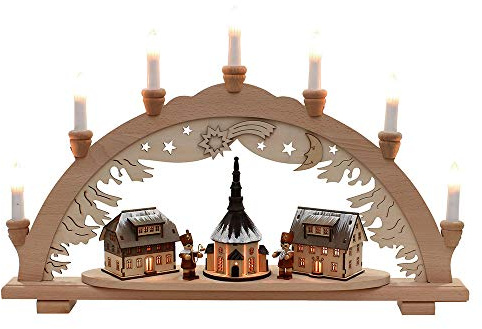 Wichtelstube-Kollektion Holz Schwibbogen Lichterbogen Seiffener Bergmannszug XL 58cm Schwippbogen Weihnachten Weihnachtsbogen Schwibbogen Weihnachten 10 Kerzen 230V Anschluss