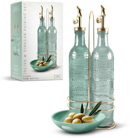 COOK WITH COLOR Glass Olive Oil Bottle Dispenser - 2 Pack- 17oz Oil and Vinegar Cruet - Olive Oil Carafe Decanter for Kitchen, Champagne Bubbles, Green