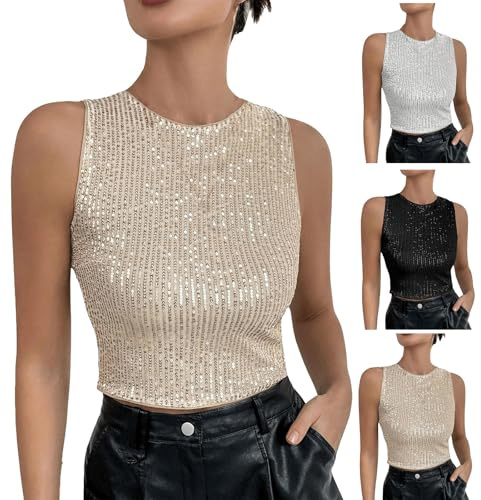 Glitzer Oberteile Damen - Crop Tops Kurz Bauchfrei Tank Top Pailletten Tankshirt Ärmellos Schulterfrei Tunika-Weste Einfarbig Elegante Tanktops Sparkle Party-Weste Slim Fit Y2K Shirt