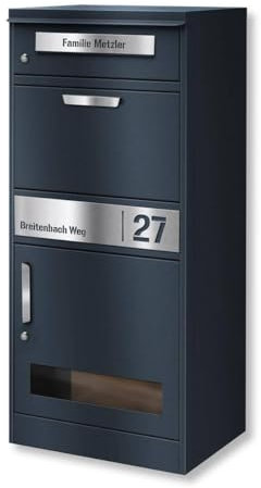 Metzler Caja para paquetes con ventana y compartimento con cerradura, color gris antracita RAL 7016, resistente a la intemperie, para paquetes de hasta DHL tamaño M, independiente o montaje en pared