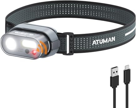 ATuMan MH1 Lampe Frontale Rechargeable, Torche Frontale Multifonction 1 Pack avec Voyant Rouge et 7 Modes d'Éclairage Headlamp IPX4 Légère avec Capteur Mouvement pour Camping/Urgence/Pêche/Course