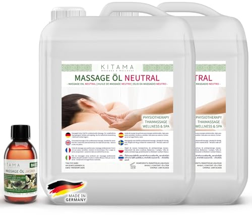 Kitama Massageöl Neutral 2x10L Duftlos + Aromaöl Jasmin 250ml | Geruchsloses & hypoallergenes Massageöl ohne Parfum für Allergiker. Set inkl. 250ml Aroma-Öl für Thaimassage & Physio