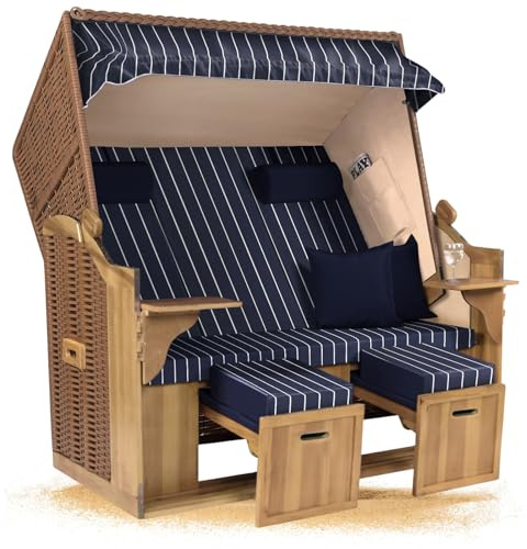 Strandkorb Hanse Ostsee XXL 2,5 Sitzer Volllieger Natur Beige 150cm breit, ideal für Garten, Terrasse und Balkon (Blau Weiß Nadelstreifen, Zerlegt)