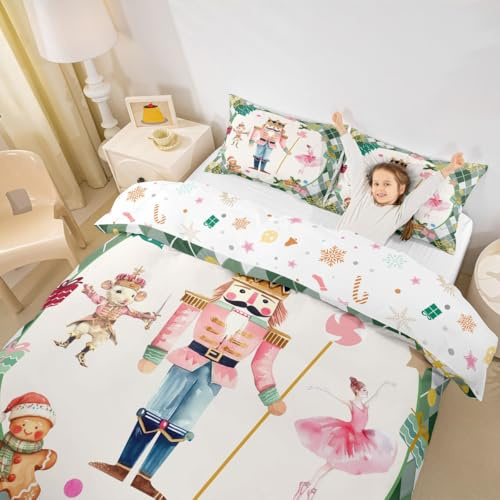 Homewish Christmas Nutcracker Duvet Cover Double Vintage Christmas Bedding Sets, Farmhouse Style Xmas Tree Bed Cover Cute Green Diamond Print Bed Set