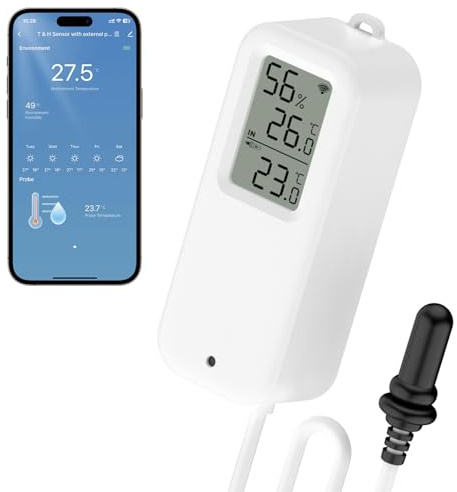 WIOONI WLAN Thermo-Hygrometer Innen Außen mit externem Sensor, LCD Display, Tuya Smart Life App Kompatibel für Gewächshaus, Kühlschrank, Aquarium, Terrarium