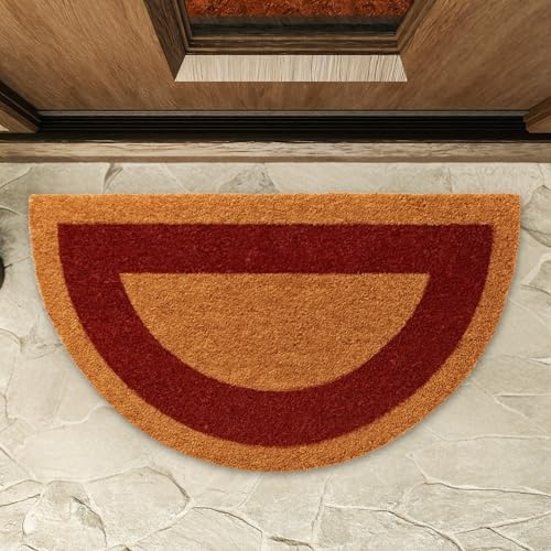 Felpudo de Coco, Alfombra de Entrada de casa, Felpudo ecológico de Fibra de Coco, Alfombrilla de Entrada, Tapete de Bienvenida, 100% Coco, Naturales sostenibles Cenefa Rojo, Semicircular, 55 x 30 cm