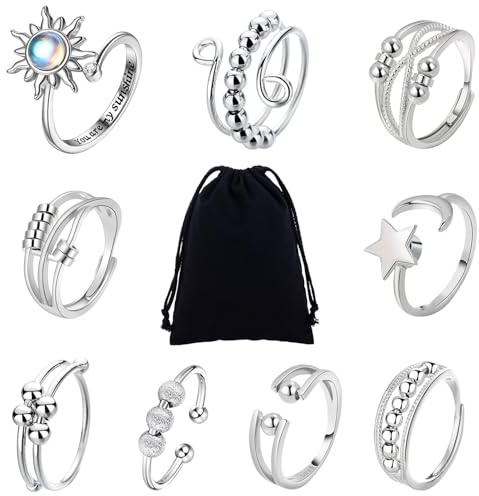 MLPKOI 9 Anello Antistress per Donna, Anelli Spinner Con Perline, Impilabili Anelli Antistress, Regolabile Aperto Fidget Ring (Classico)