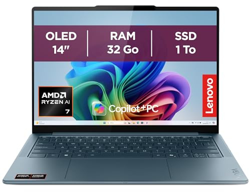 Lenovo Yoga Slim 7 14AKP10 - Ordinateur Portable 14'' OLED Copilot+ (AMD Ryzen AI 7 350, RAM 32Go, SSD 1To, AMD Radeon 860M Graphics, Windows 11 Home) Clavier rétroécl. AZERTY + Écouteurs - Tidal Teal