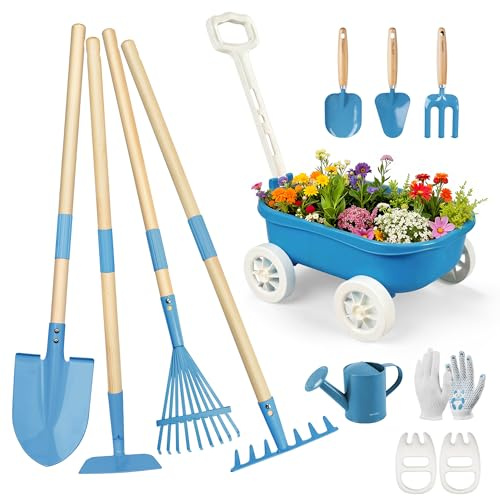Grenebo Kids Gardening Set with Wheelbarrow, 11-Piece Outdoor Yard, Beach, STEM Garden Play Kit with Child-Sized Tools, Durable, Safe & Fun Gift Toy for Ages 2+ Kids Toddlers Boys Girls (Blue)