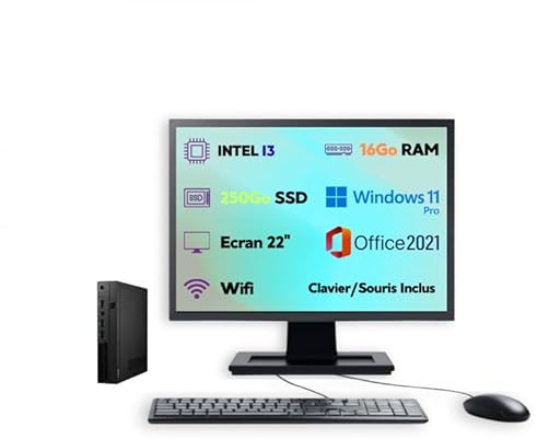 PC Ultra Mini – Intel Core i3 | Windows 11 Pro | SSD 250Go | RAM 16Go | Wi-FI | Écran 22’’ + Clavier & Souris | Ordinateur de Bureau Compact Complet Prêt à l’Emploi (reconditionné) (I3-16Go - 250Go)