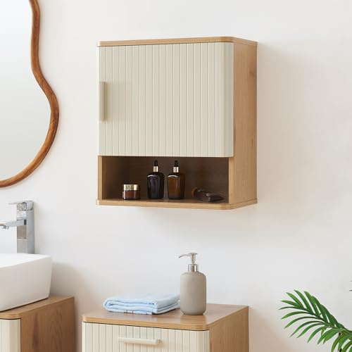 [en.casa] Hängeschrank Bad Ferrersp Badezimmerschrank hängend 50 x 45 x 24 cm Badschrank mit 1 Tür und 1 Ablagefach Medizinschrank Wandmontage Eicheoptik/Sandfarben