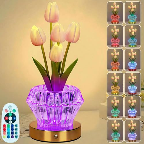Maxspace Tulpen-Tischlampe, 16-farbiges Acryl-Kristall Nachttischlampe mit Fernbedienung, Wiederaufladbare Touch-Kunstblumenlampe, Tragbare Tischlampe Kabellos für Wohnraumdekoration (Rosa-Tulpe 5)