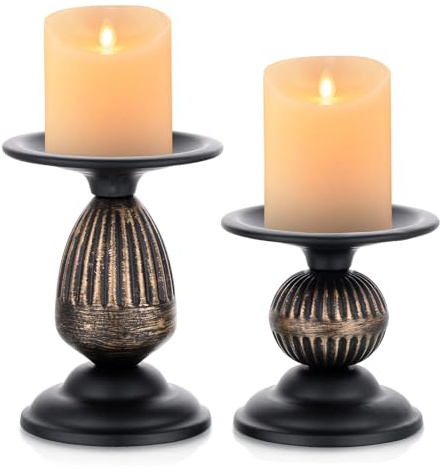 AiiBowy Kerzenleuchter Kerzenständer Metall Vintage (2er Set) für Stumpenkerze - Matt Stumpenkerzenhalter Antik für Tischdeko Home Decoration Weihnachten Kamin Mantel - 10,5cm & 14,5cm, Schwarz
